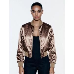 NWT Womens Bomber Jacket Gold Top Shop Size L Retro Zip up Retro 80s Glam Pop